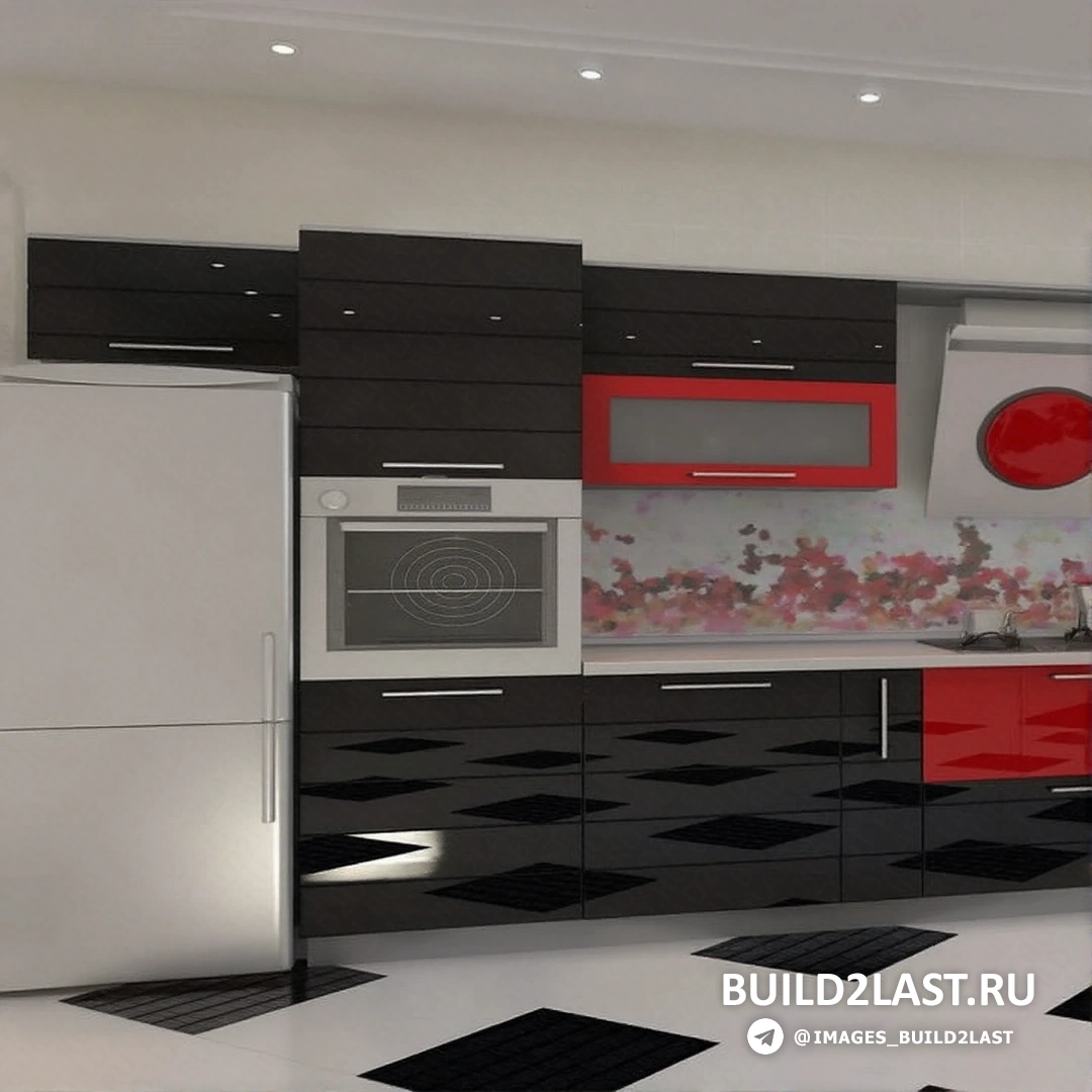Кухня с бежевыми виниловыми полами и стильной кухонной мебелью.