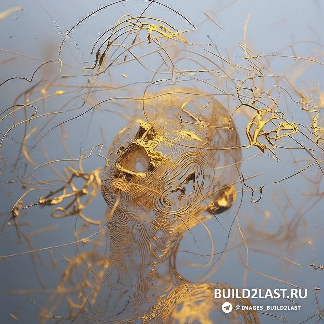 Скульптура в футуристическом стиле с золотистыми оттенками, выполненная в цифровой технике, отражает сюрреалистические элементы.